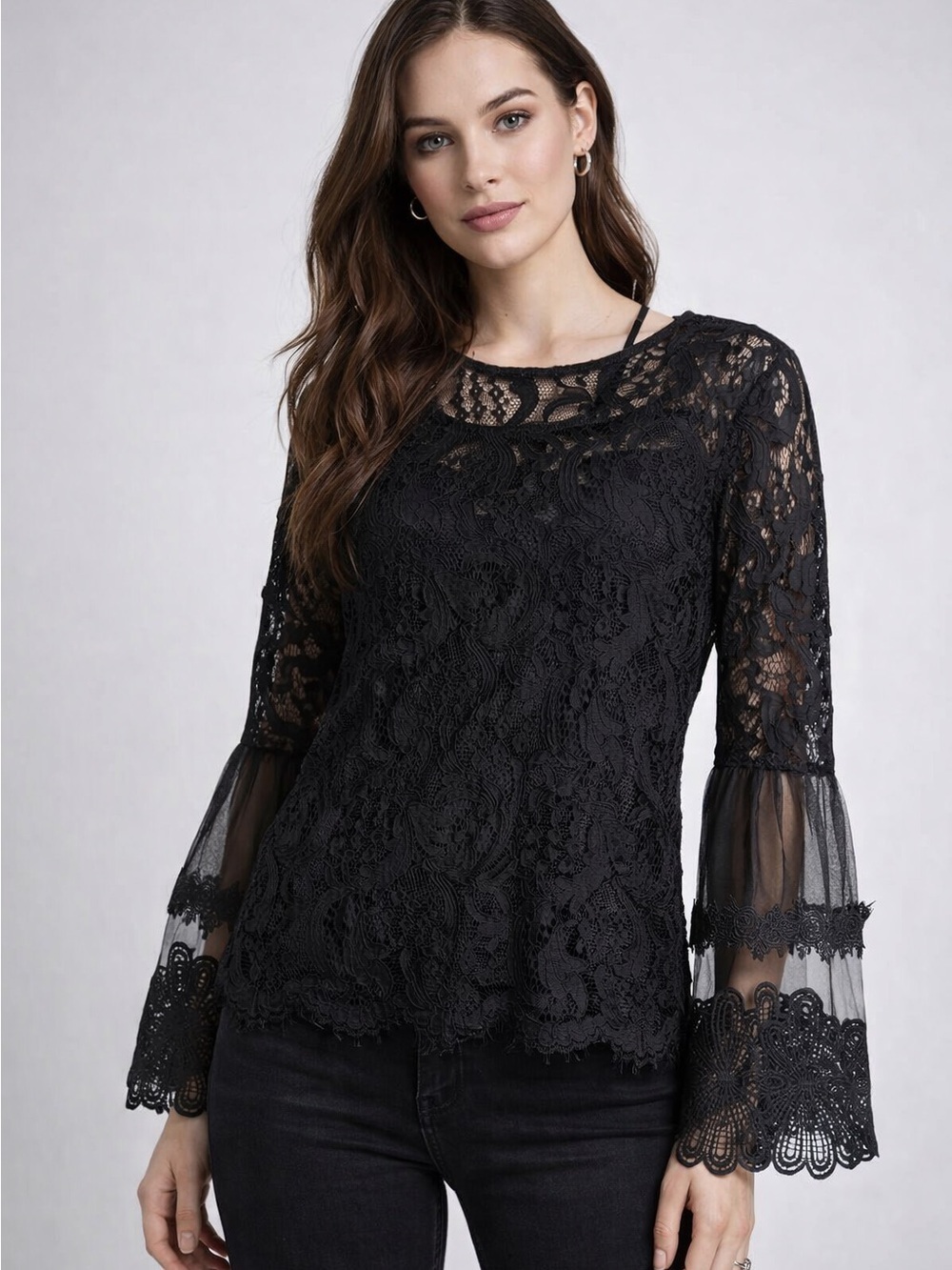 Say What Ny black lace bell sleeve top Size M Whimsigoth, witchy, elegant, sheer - Picture 2 of 10